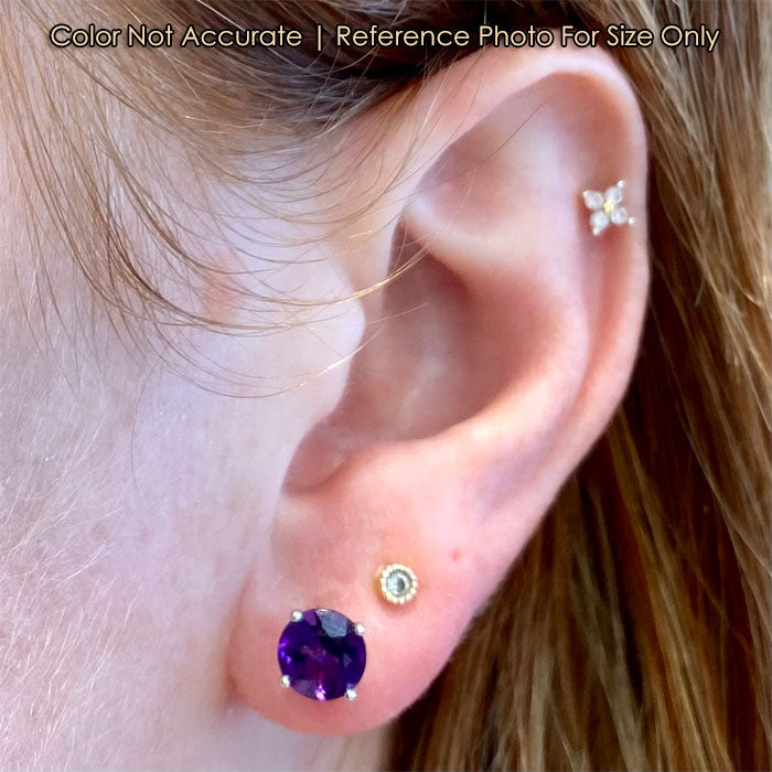 amethyst stud earrings purple color round cut size on ear