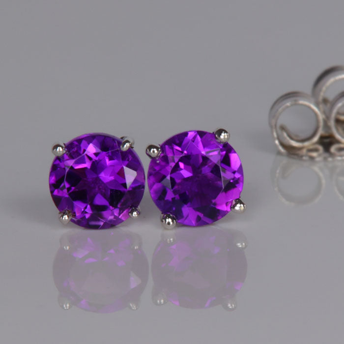 amethyst stud earrings white gold round cut