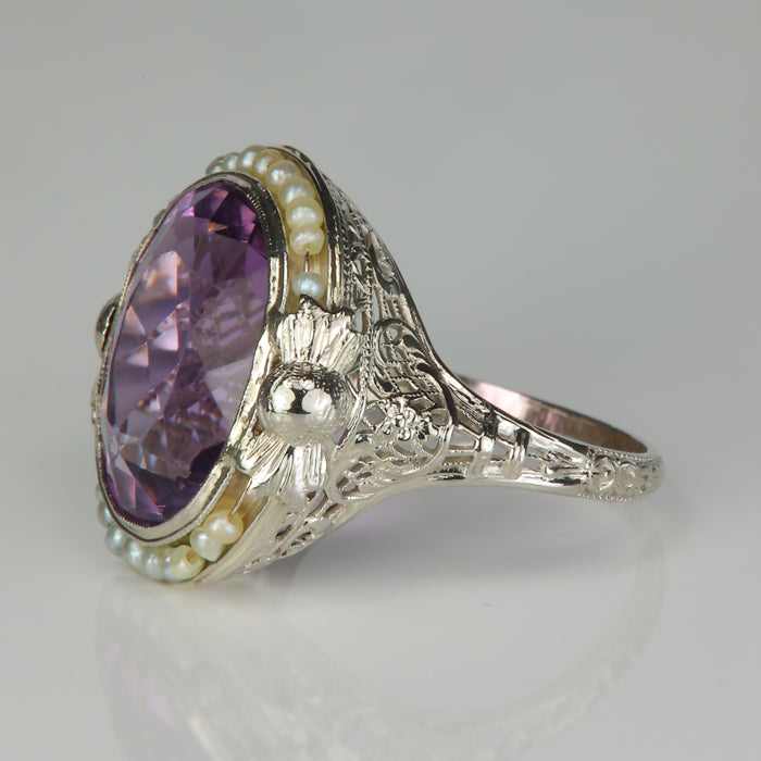 white gold amethyst ring with seed pearls