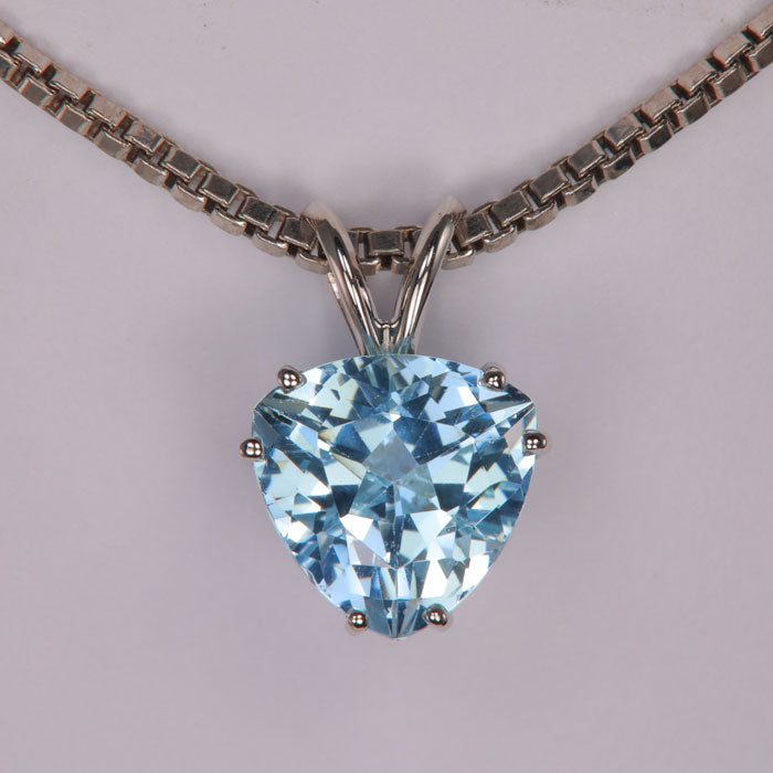 14k white gold trilliant cut aquamarine gemstone pendant blue