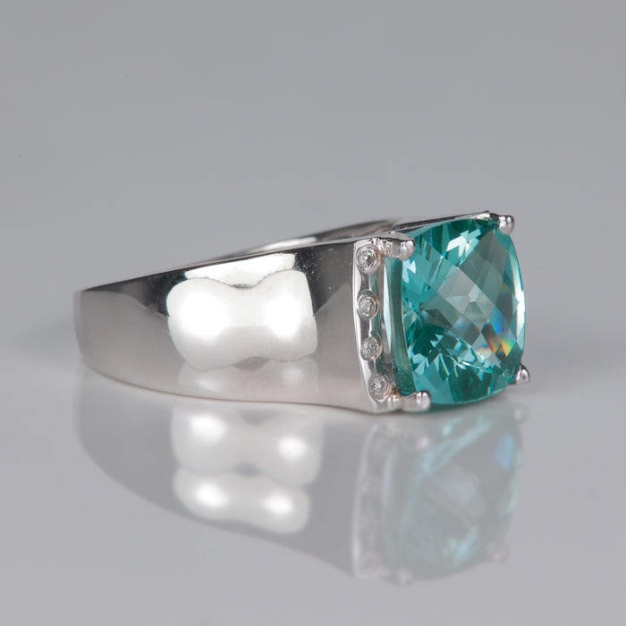white gold estate ring with synthetic spinel gemstone blue green color with diamonds