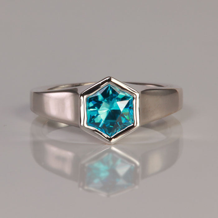 hexagon blue zircon ring white gold bezel set