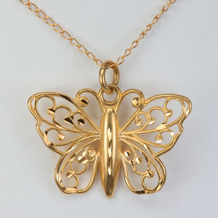 yellow gold cable link necklace with diamond cut butterfly
