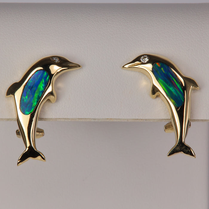 Yellow Gold Black Opal Diamond Dolphin Earrings