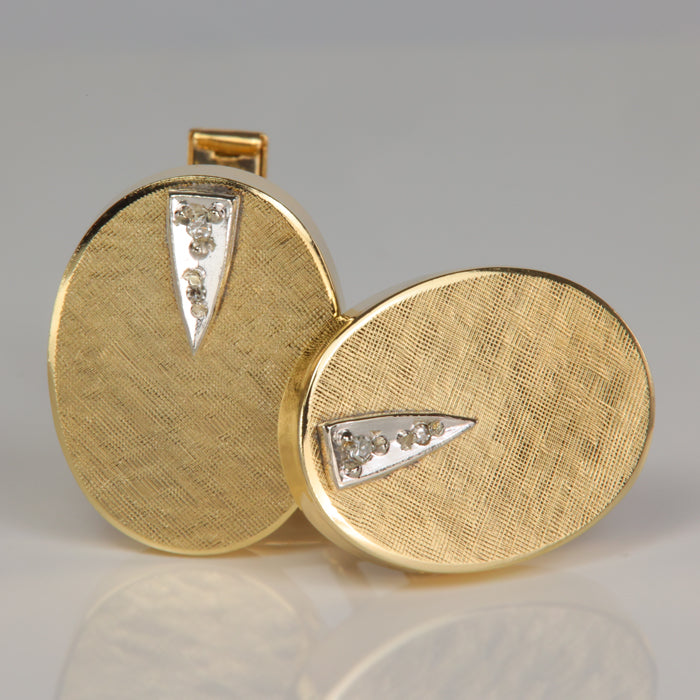 yellow gold estate cuff links with crosshatch pattern and diamond accents