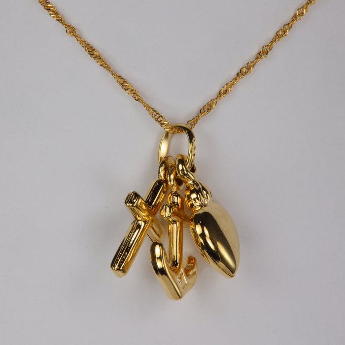 yellow gold estate necklace with faith hope and charity charms