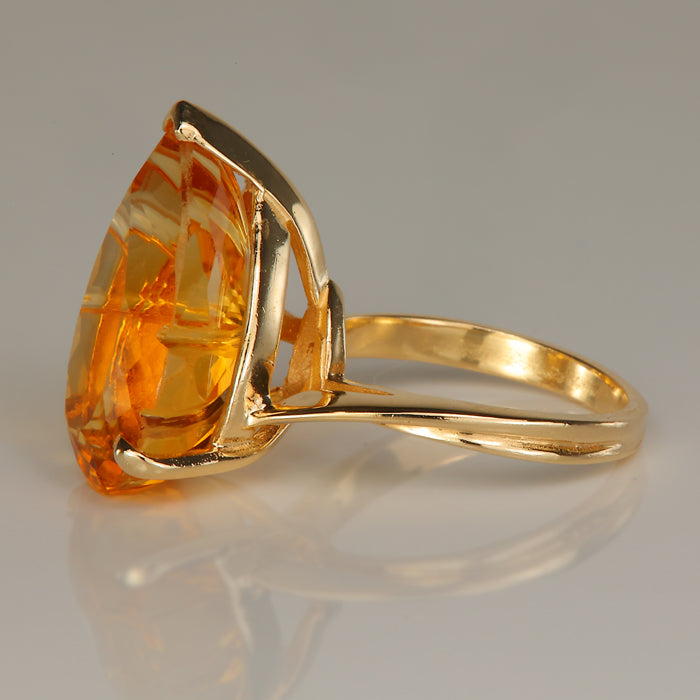 yellow gold pear shape fantasy cut citrine gemstone ring