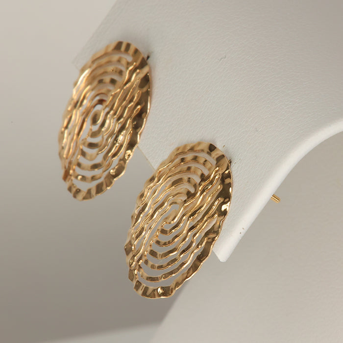 Yellow gold flat wavy circular stud earrings