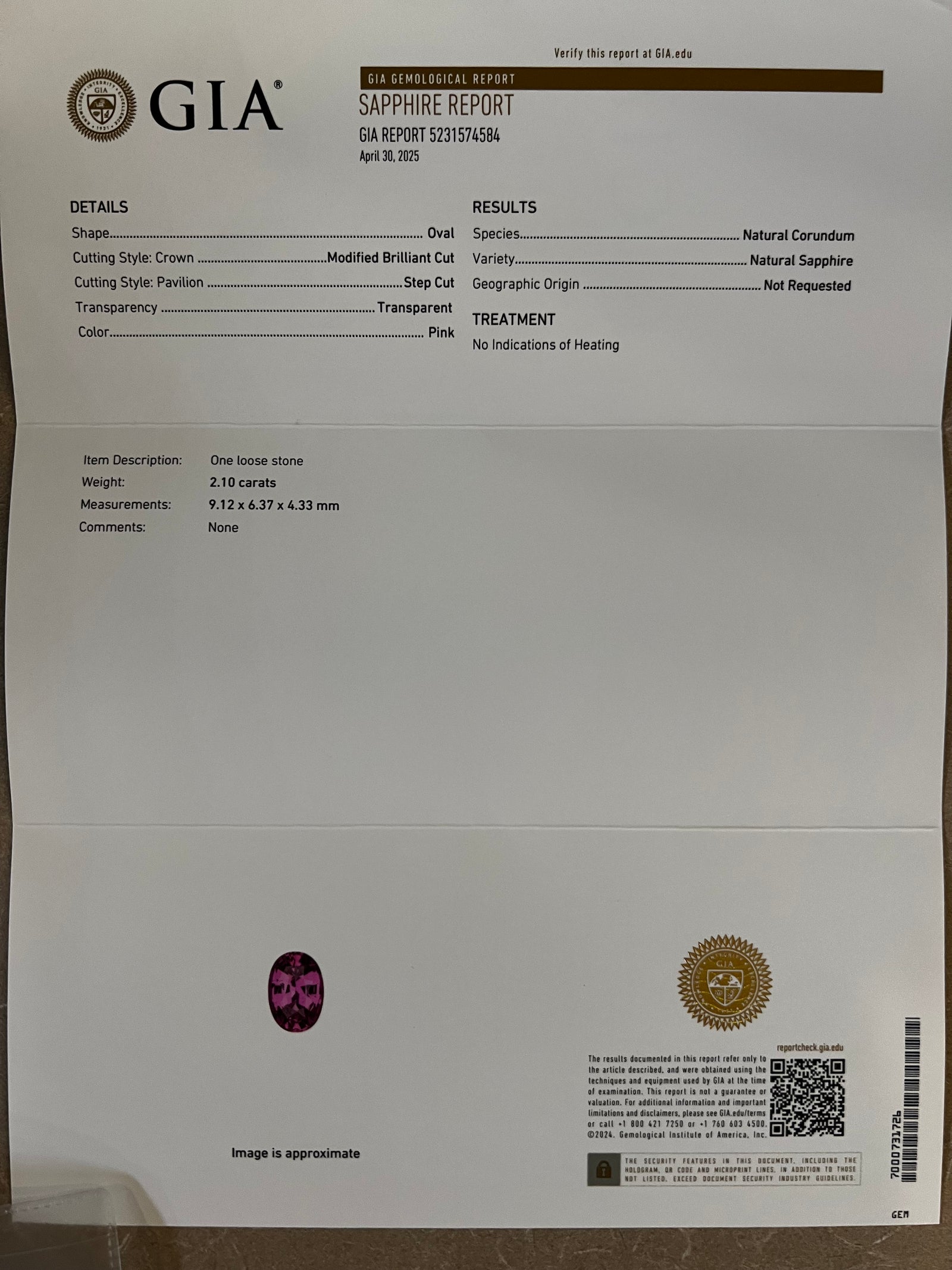 GIA report for sapphire