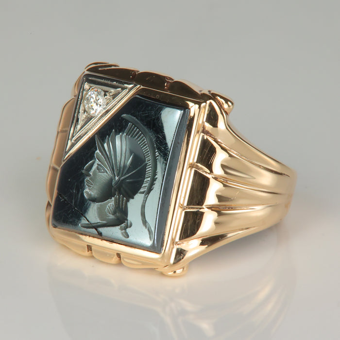 yellow gold ring with hematite and diamond