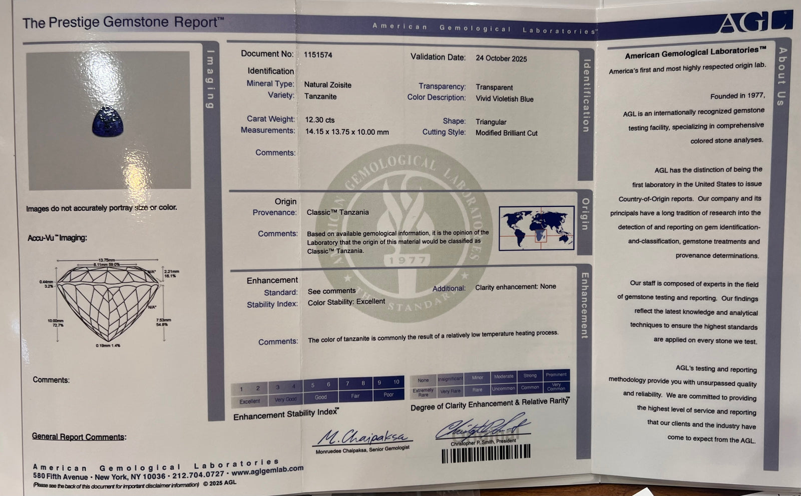 Trilliant Cut Tanzanite 12.30 Carats