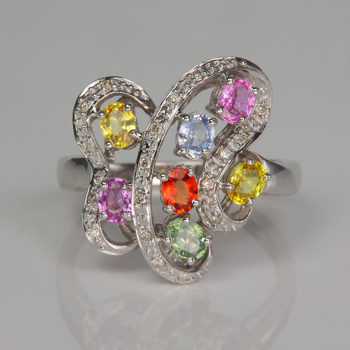 white gold multi color sapphire gemstone and diamond ring
