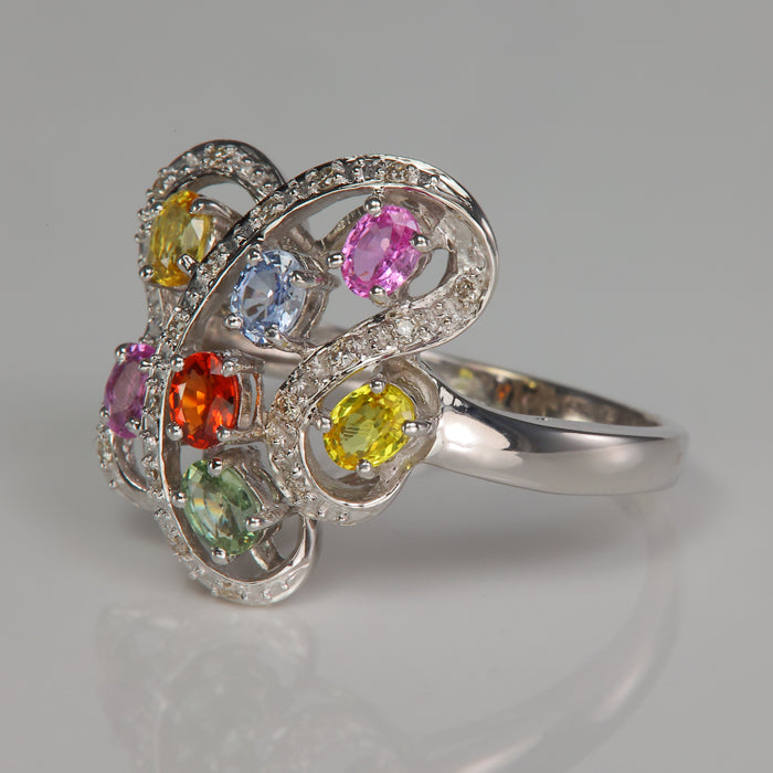 sapphire gemstone ring multi color with diamonds set in white gold