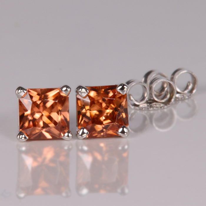 princess cut peach color imperial zircon stud earrings