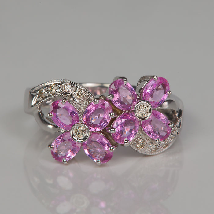 white gold pink sapphire and diamond double flower ring