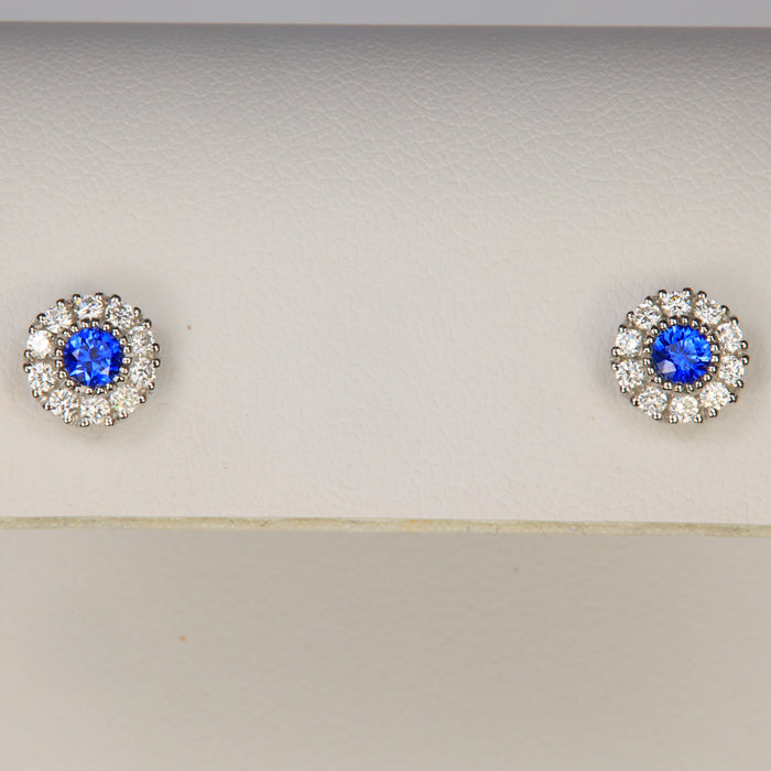 white gold sapphire studs with diamond halo