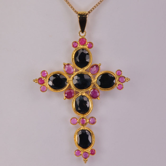 yellow gold blue sapphire and pink ruby gemstone cross pendant