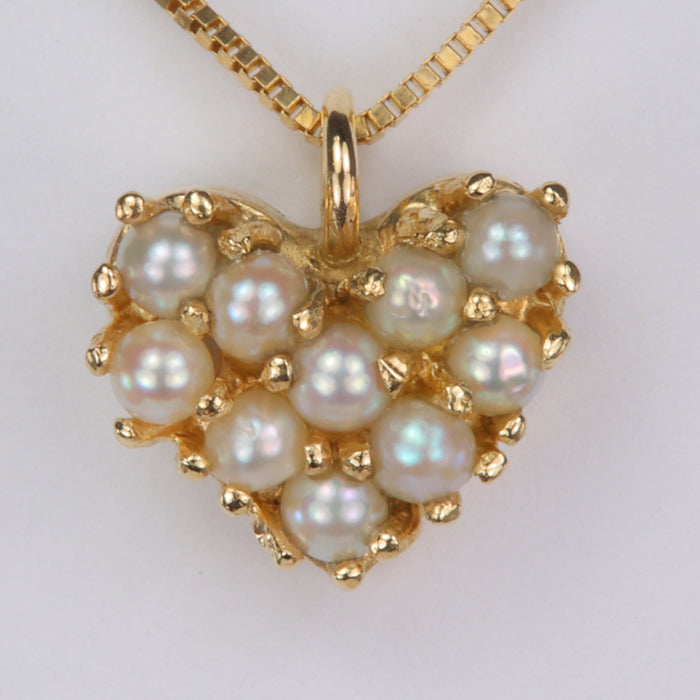 yellow gold seed pearl heart pendant