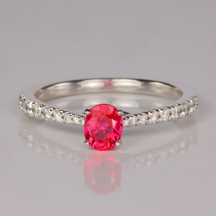 flame red natural color spinel gemstone and diamond ring in white gold