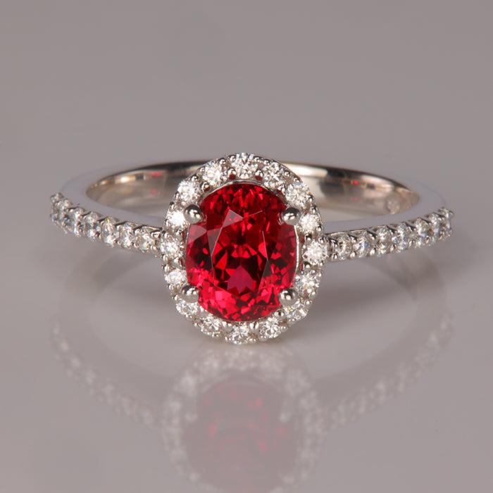 red spinel gemstone in white gold with diamonds