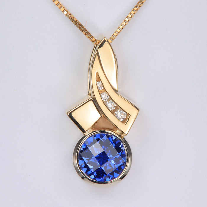 yellow gold synthetic sapphire pendant with diamond accents