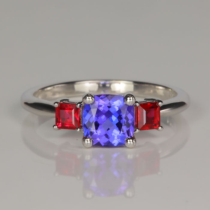 white gold square cushion blue violet tanzanite and ruby ring