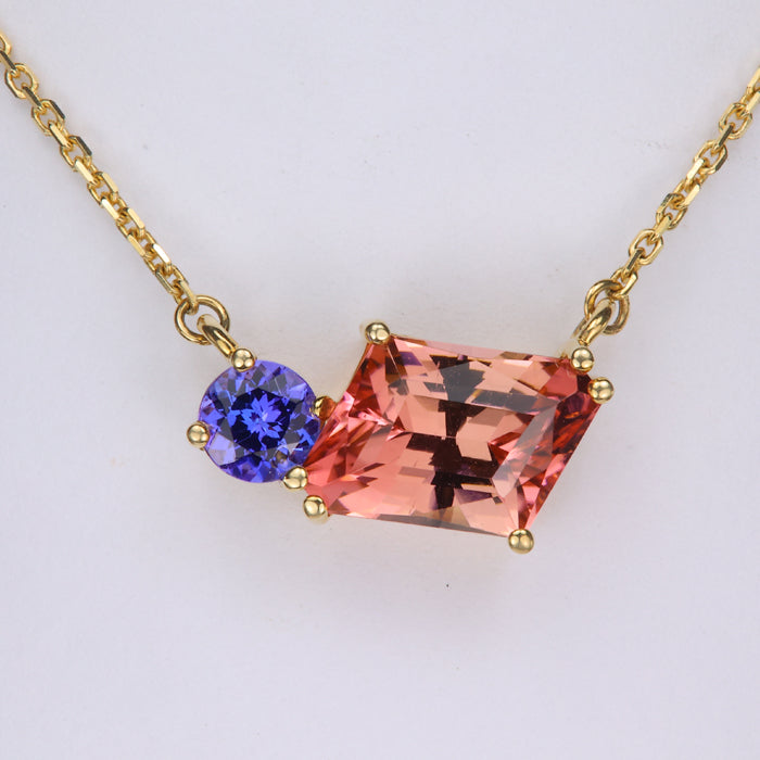 yellow gold parallelogram tourmaline and round tanzanite gem necklace