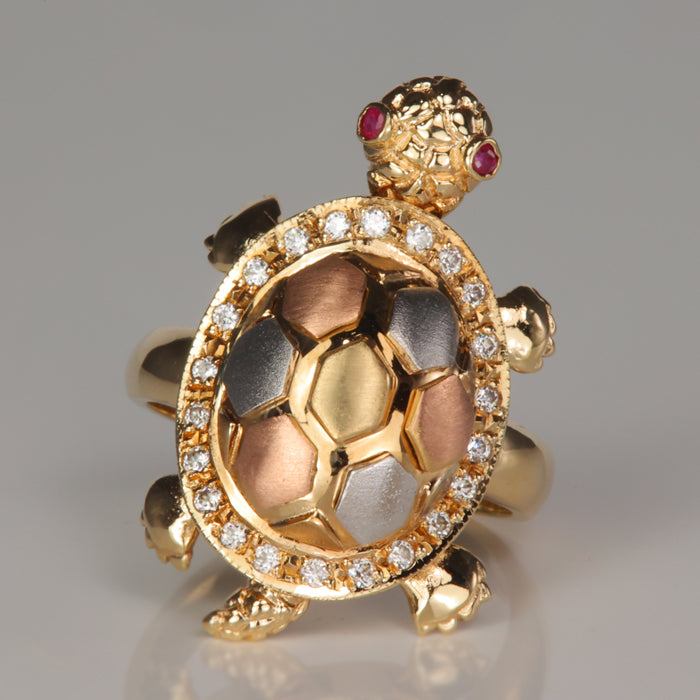 Yellow White and Rose Gold Turtle Ring With Ruby Eyes and Cubic Zirconias