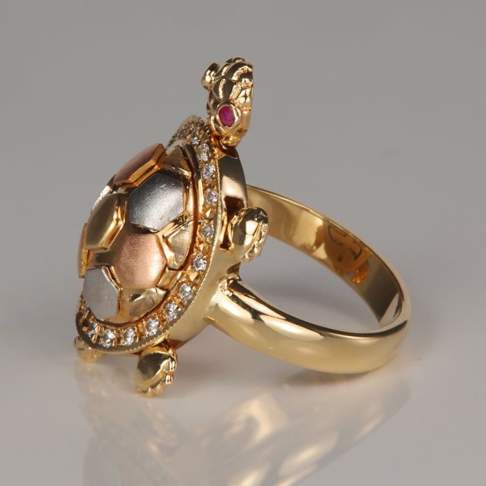 estate turtle ring in yellow rose and white gold with ruby and cz