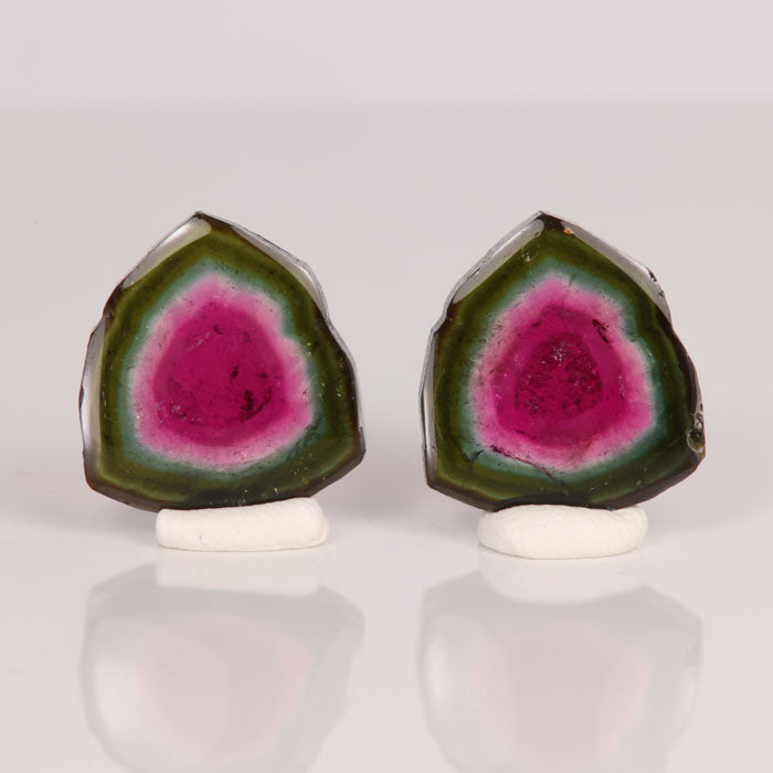 watermelon tourmaline sliced crystal gemstone pair pink green
