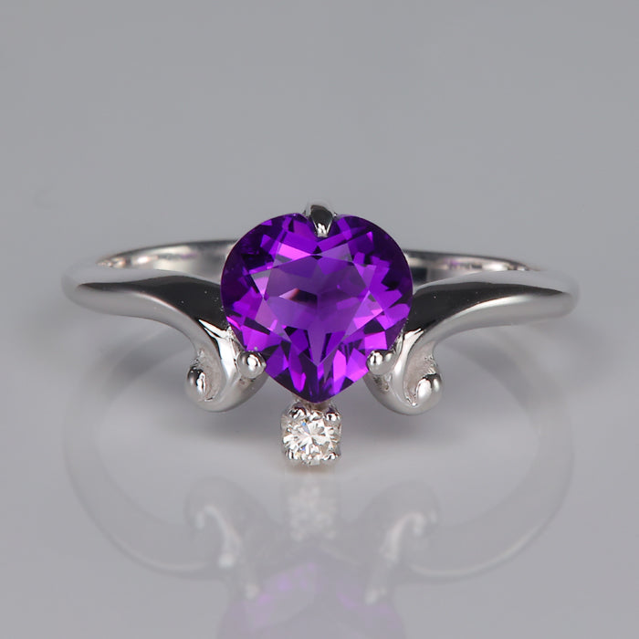 amethyst heart gemstone ring with diamond accent in white gold