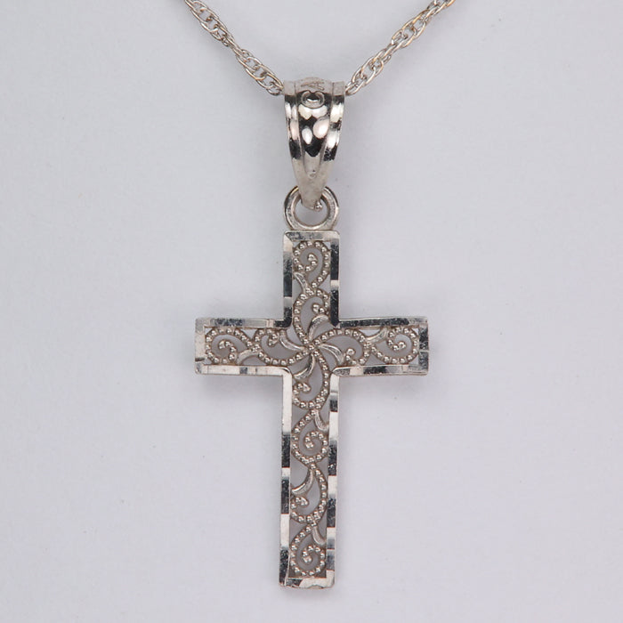 cross necklace in white gold with beaded scroll design