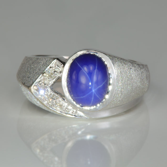 synthetic star sapphire ring in white gold with diamonds