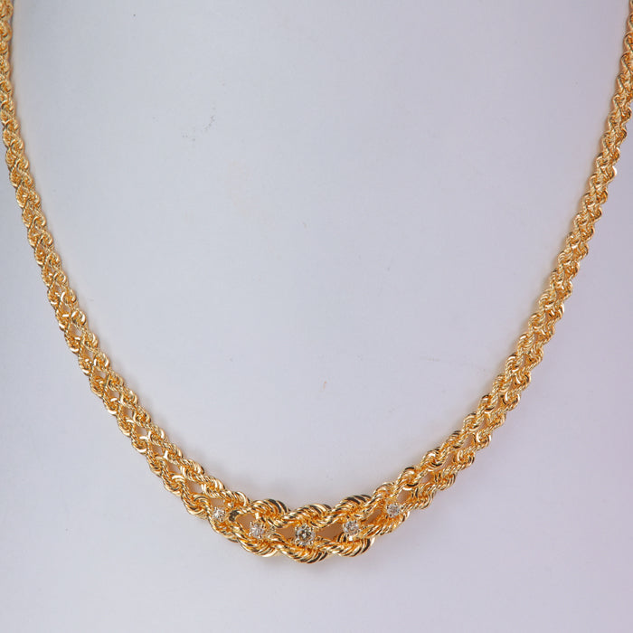 yellow gold necklace braided rope style with diamonds