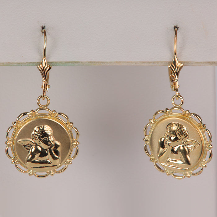 yellow gold estate dangle earrings with angels