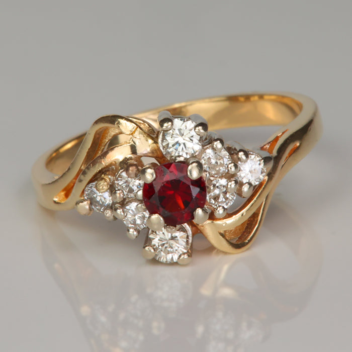 estate yellow gold garnet and diamond ring