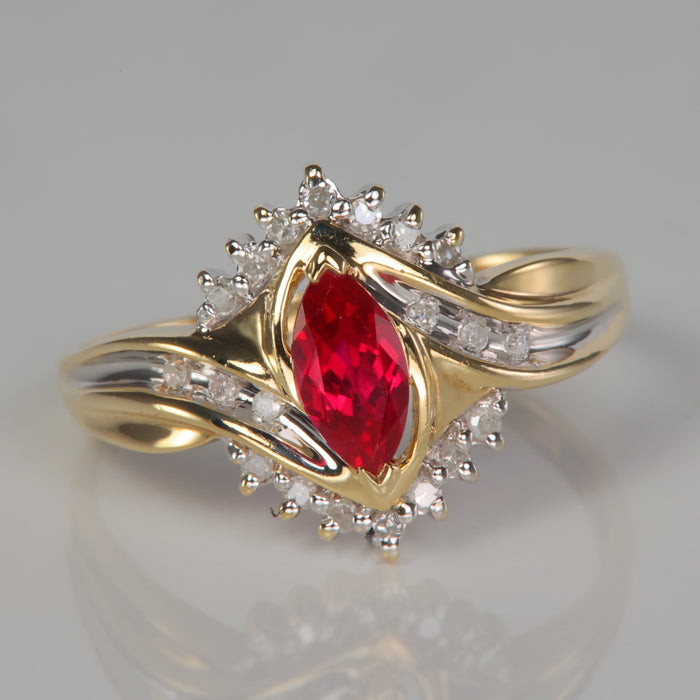 estate ring yellow gold with synthetic ruby and diamond accents