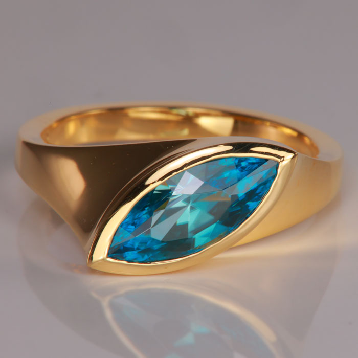 marquise cut blue zircon gemstone ring yellow gold