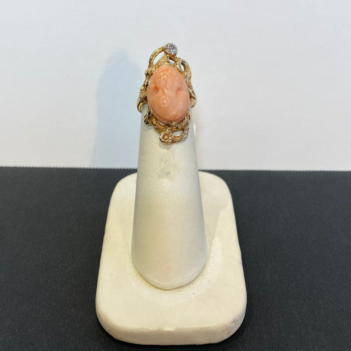 10K yellow gold angelskin coral cameo diamond ring