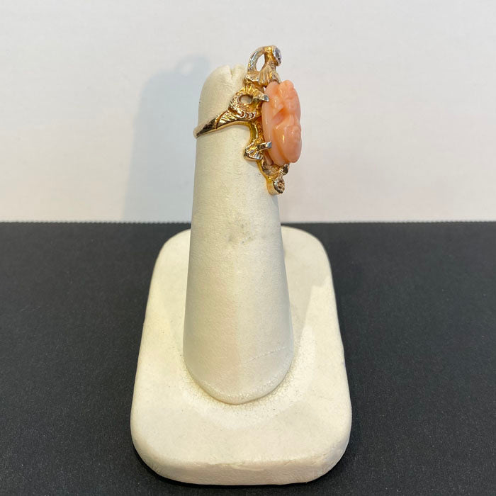 10K yellow gold angelskin coral cameo diamond ring