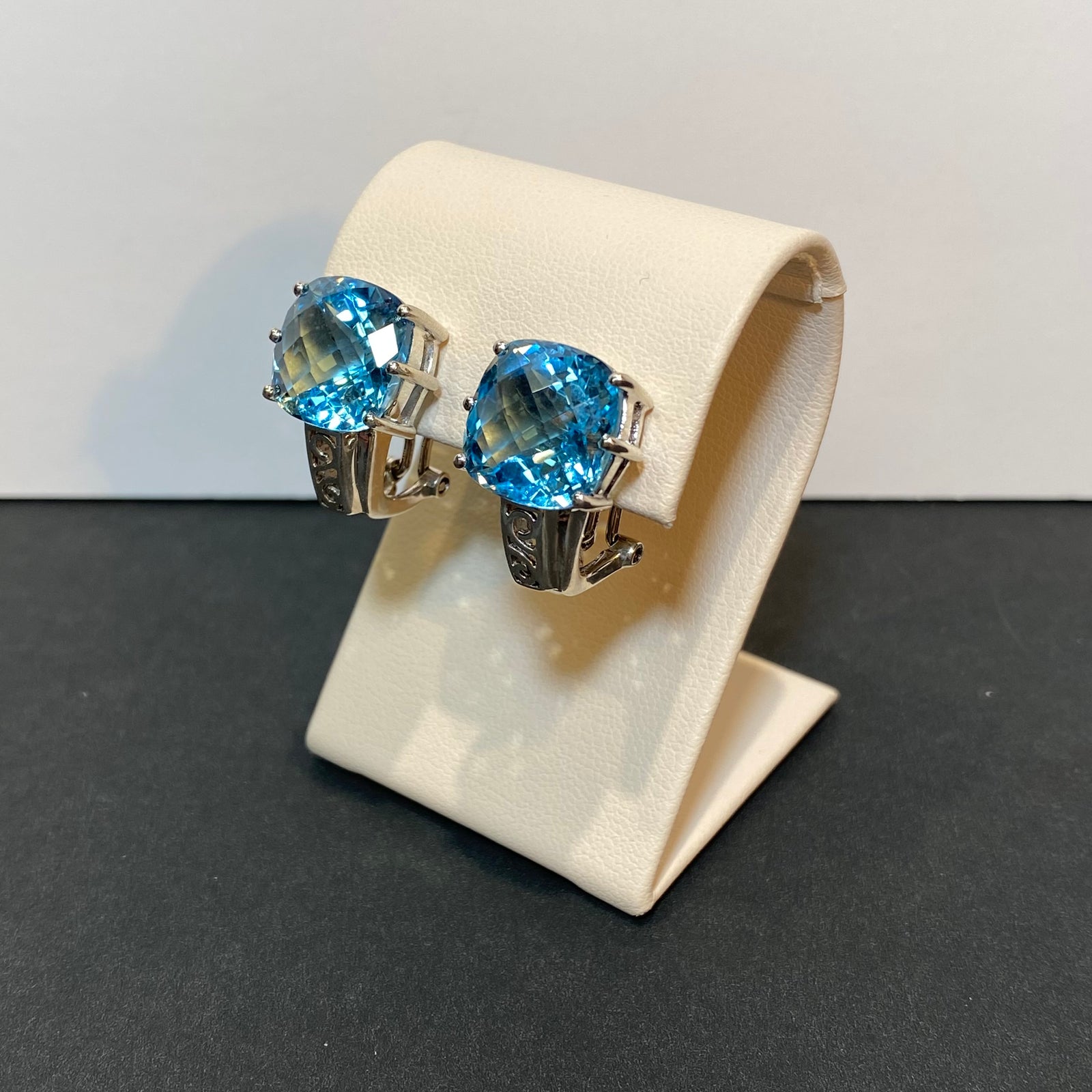 checkerboard facet blue topaz earrings