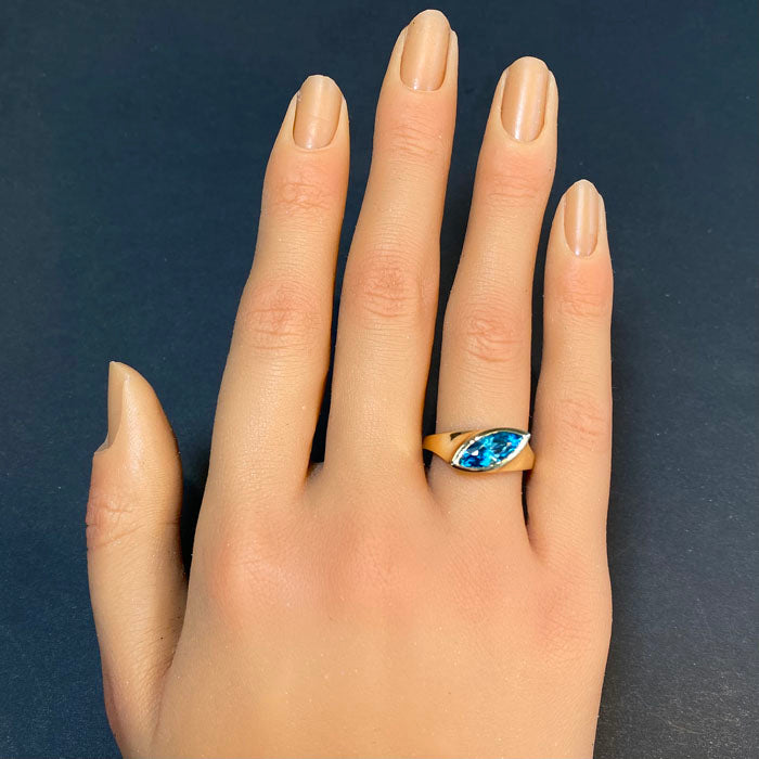 gemstone ring blue zircon yellow gold marquise cut