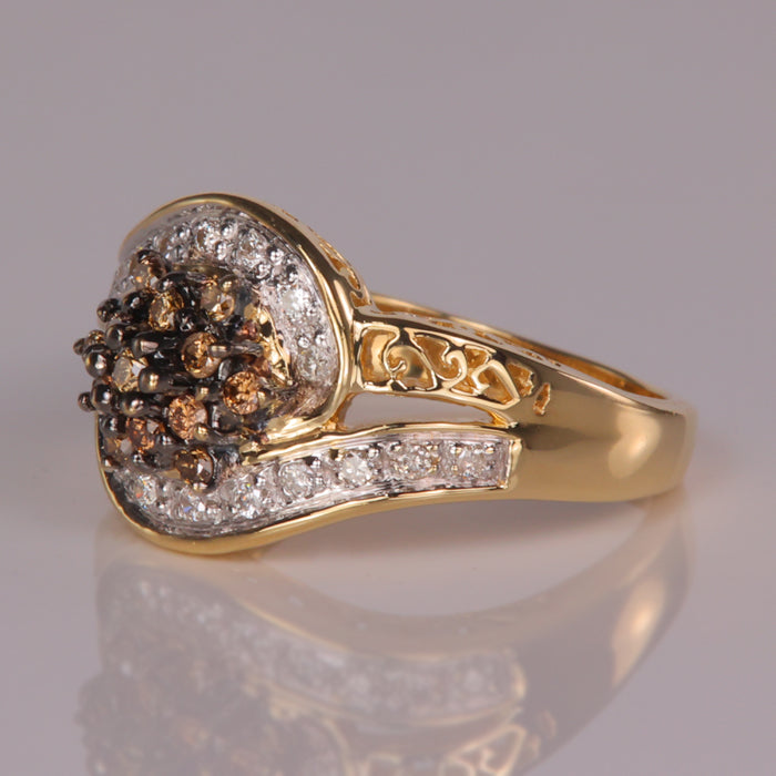 yellow gold filigree diamond cluster ring white and champagne diamonds