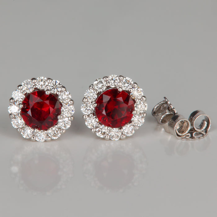 red color pyrope garnet stud earrings in white gold with diamond halo