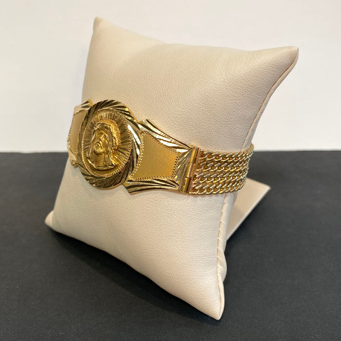 yellow gold curb link jesus image bracelet