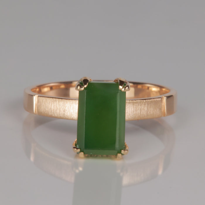 green color faceted emerald cut agate gemstone ring in yellow gold