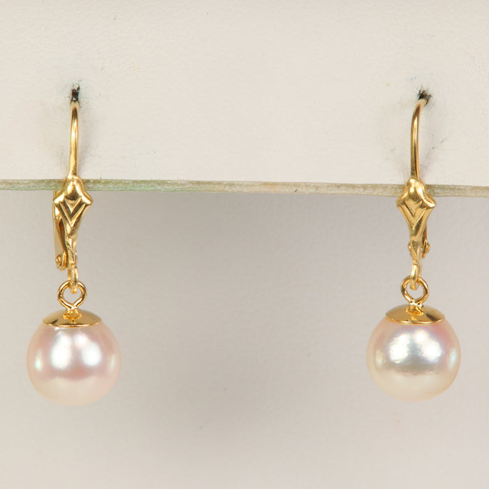 yellow gold pearl drop earrings with hinged back