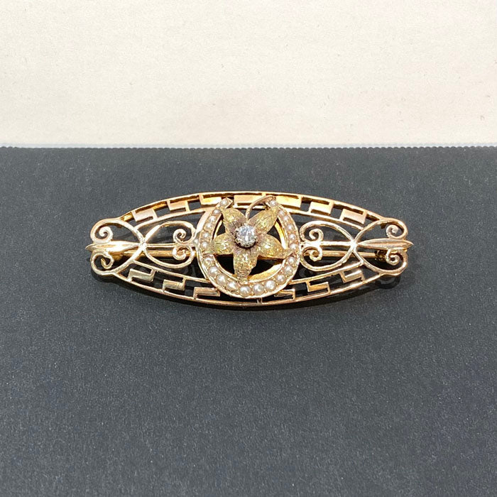 horseshoe pin pearl diamond yellow gold