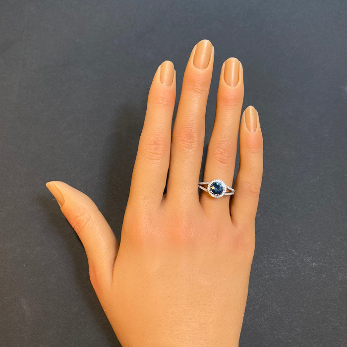 montana sapphire ring in white gold diamond halo