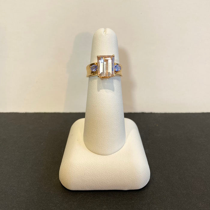morganite tanzanite yellow gold ring
